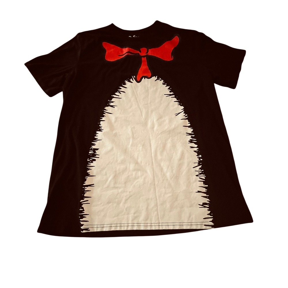 Dr. Seuss Cat in the Hat Costume Graphic T-Shirt Black XL Red Bow Tie